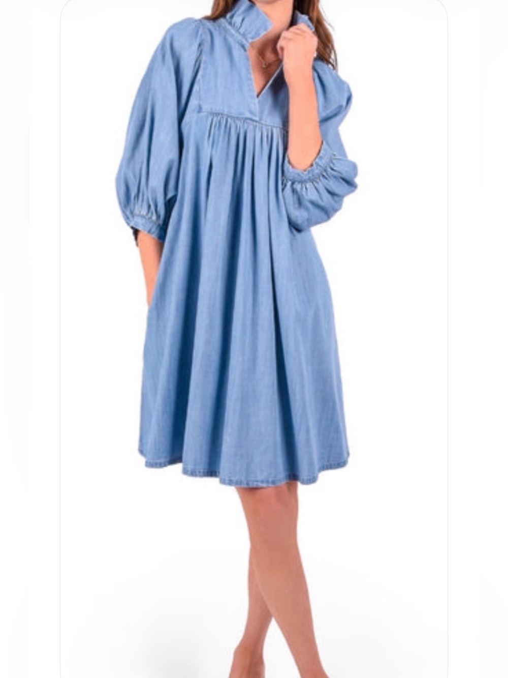 Emily McCarthy Blue Denim-Effect Midi Dress with Puff Sleeves
